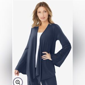 Roaman's Navy Women's Plus Size Bell Sleeve Cardigan Embroidered New 26W 28W